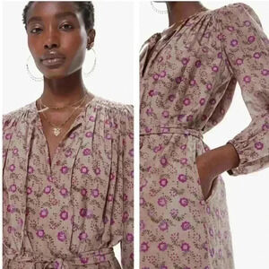 Xirena Midi Dress XS Floral Pink Khadi Cotton Silk Boho Autumn Coastal Party